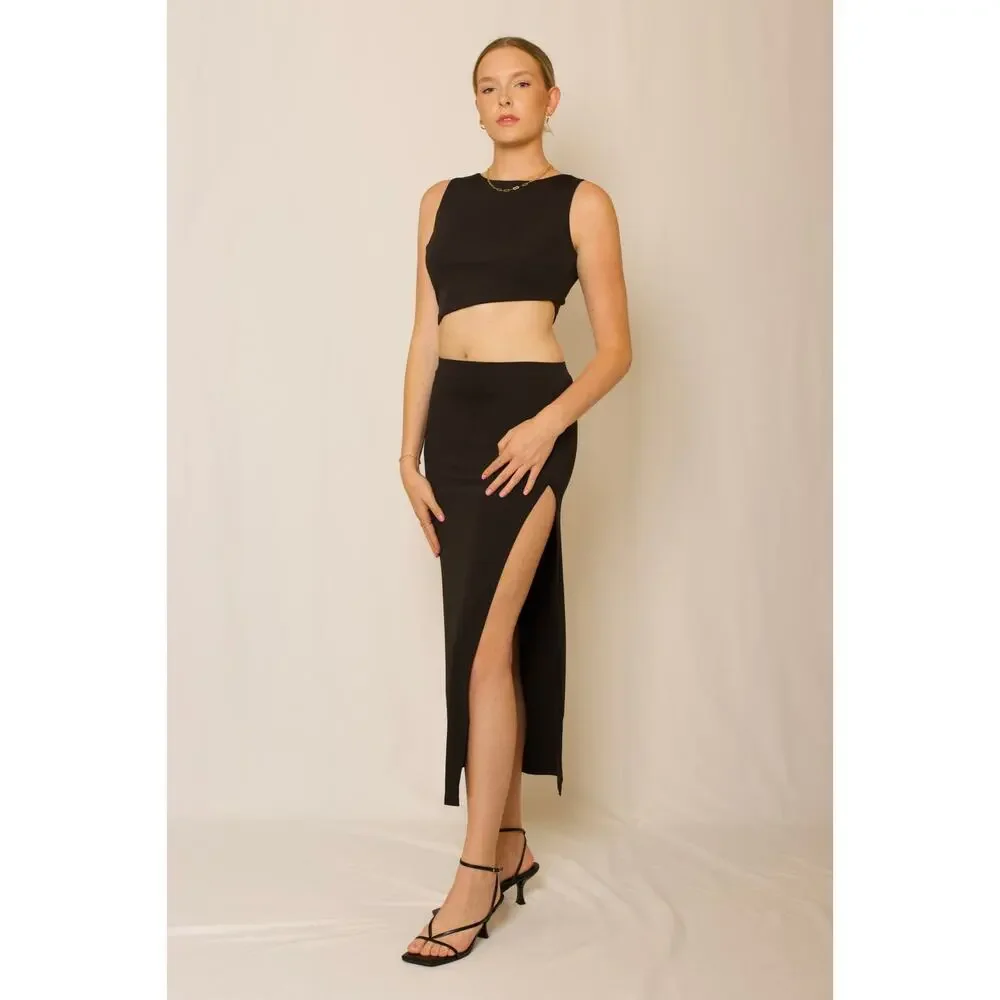 Julianne Bartolotta Black Side Slit Crop Tank Top Midi 2 Piece Skirt Set Size S